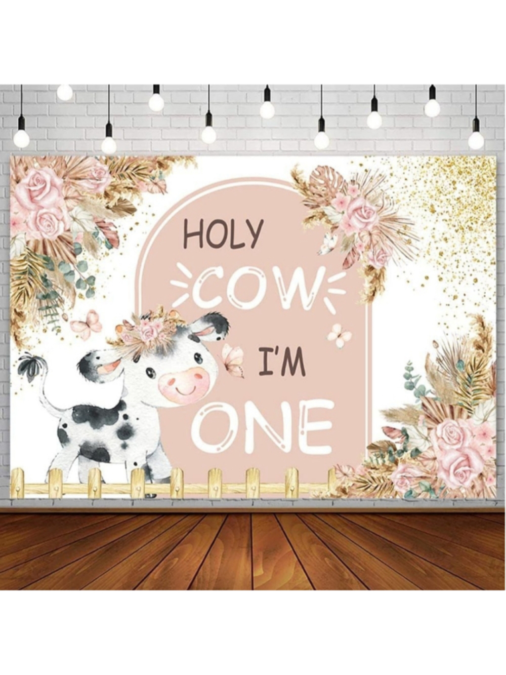AIBIIN 7x5ft Holy Cow I'm One Backdrop for Girl Boho Pink Floral First Birthday
